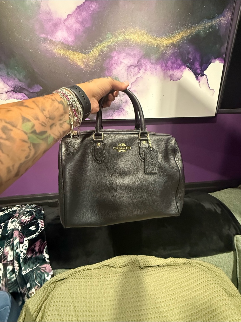 Coach Pebbled Leather Satchel Rowan Bag in Black